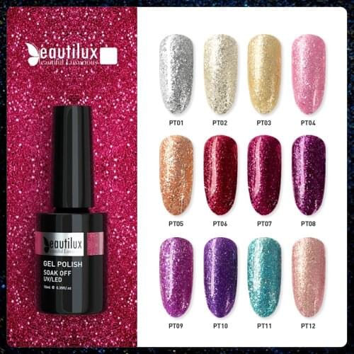 Beautilux Platinum Nail Gel Polish Glitter Flakes Color Nails Art Gels Polish Soak Off UV LED Winter Nail Varnish Lacquer 10ml