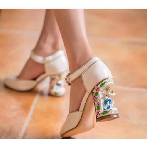 Hot Girls White Genuine Leather 3D Multi Color Printed Litter Angle Chunky Heels Pumps Woman Crystal Buckle Strap Wedding Shoes
