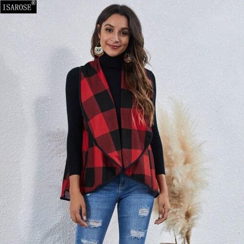 ISAROSE Plaid Vest Top Women Spring Autumn Open Stitch Turndown Collar Casual Waistcoat All-match High Streetwear with Pockets