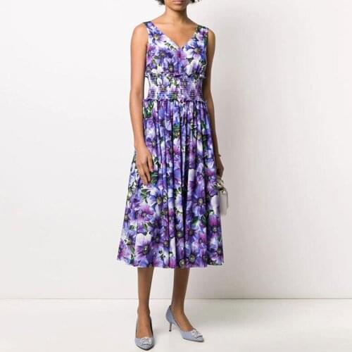 JSXDHK 2021 New Summer Women Holiday Midi Dress Runway Designer Sleeveless Purple Flower Print Elastic Waist Lady Tank Sundress
