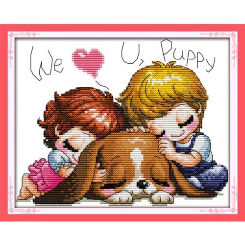 We love you, Puppy cross stitch kit cartoon 11ct count print canvas stitches embroidery DIY handmade needlework plus
