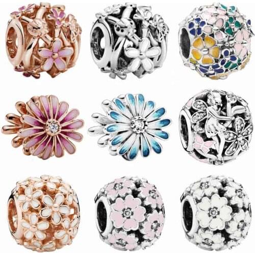 Pan Openwork Daisy Flower Fairy Primrose Meadow With Crystal Charm 925 Sterling Silver Beads Fit Bracelet DIY Jewelry