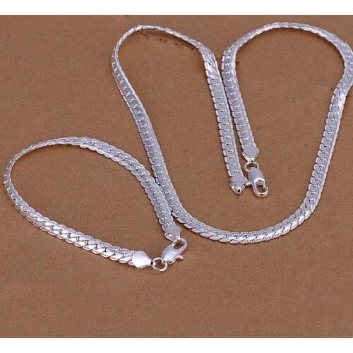 Hot Christmas gifts European style retro 5MM flat chain necklace bracelets fashion color silver jewelry sets S085