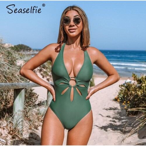 SEASELFIE V-neck Halter Flower Cutout One Piece Swimsuit Women Sexy Solid Green Monokini Swimwear 2021 Bathing Suit Beachwear