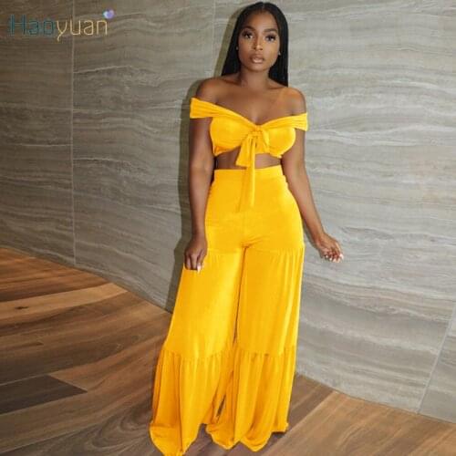 HAOYUAN Sexy Two Piece Summer Clothes Off Shoulder Crop Top Wide Leg Pants for Women Vacation Outfits Velvet Club Matching Sets