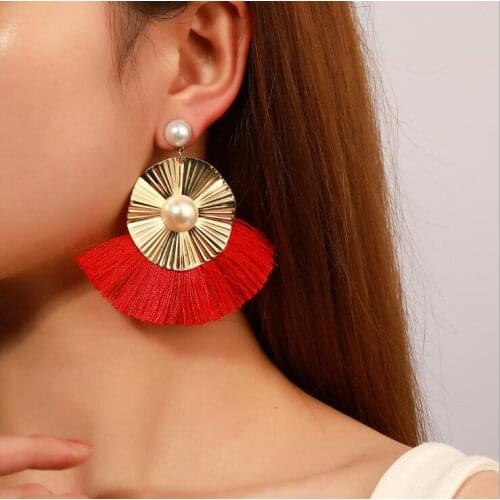 European New Big Tassel Pearl Drop Earrings 2021 For Women Cotton Silk Fabric Red Wedding Dangle Earrings Female Jewelry