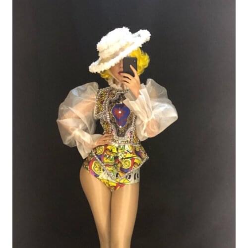 Rhinestone party girl dance costume Pearl Shirt Short Transparent Lace Sleeves Outfit Women Dancer Show Outfit