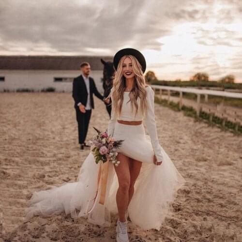 New Beach Boho Wedding Dresses Two Pieces Ivory Long Sleeves Wedding Gowns Bateau Neckline Mermaid Skirt Bridal Dress 2021