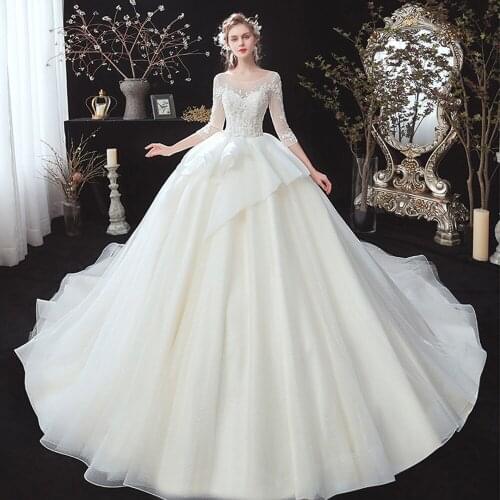 Robe De Mariee 3/4 Sleeves Lace Appliques Shinny Tulle Bridal Ball Gown Cathedral/ Royal Train Luxury Wedding Dresses Plus Size