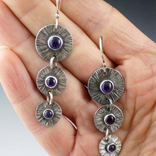 Vintage Silver Color Treble Disk Pendant Drop Earrings Cute Purple Stone Dangle Earrings for Women Punk Party Jewelry A4M922