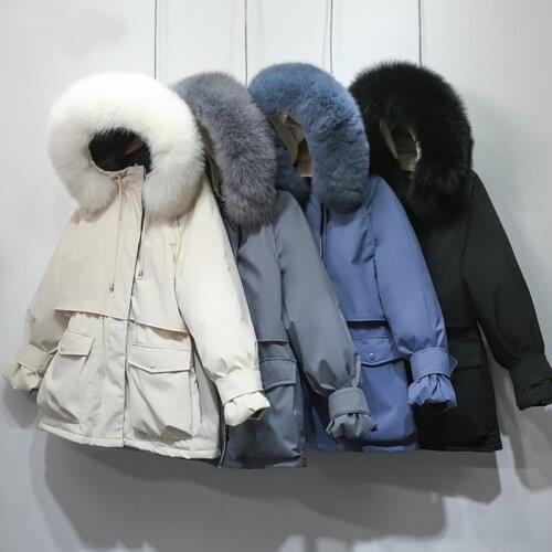 Winter Jacket Women Large Natural Fox Fur White Duck Down Coat Thick Parkas Warm Sash Tie Up Zipper Down Female Puffer Coats