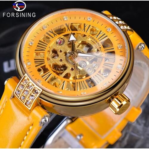 Forsining Yellow Genuine Leather Belt Gold Gear Movement Diamond Ladies Women Skeleton Open Work Skeleton Mechanical Wristwatch