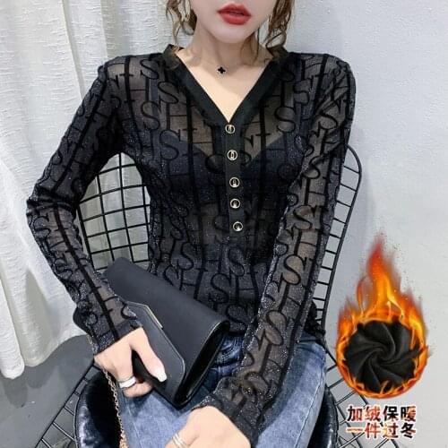 2020 New Women Shirts Office Lady Button Letter V-Neck Sexy Shirts Full Sleeve Cotton Plus Size Elegant Party Solid Winter Shirt