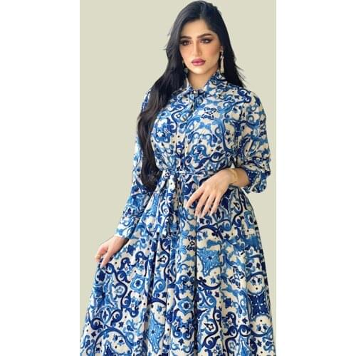 Long Sleeve Print Muslim Dress Women Ethnic Kaftan Collar Shirt Dress Abaya Dubai Caftan Marocain Evening Dresses Djellaba Femme