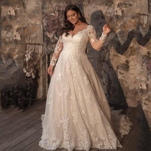 Vestidos De Novia Long Sleeve Plus Size Wedding Dress O-Neck Robes De Mariage Appliques Tulle Hochzeitskleid Sexy Bridal Gowns