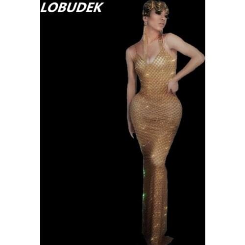 Women Party Dress Sleeveless Gold Rhinestones Skinny Long Dress Nightclub Bar Singer Concert Stage Wear Prom Lady Catwalk Dress