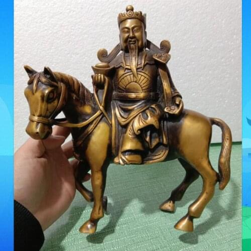 9" Chinese Folk Copper Mammon Money Wealth God Ride Horse Ru Yi Statue Sculpture