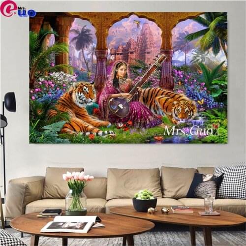 Indian Woman And Tiger 5D Diy Diamond Painting Cross Stitch Kits Diamond Mosaic Embroidery Landscape 3d Square/Round Drill Gift
