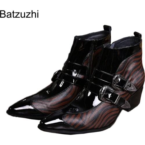 Batzuzhi Rock British Fashion Mens Boots Black Buckles Mans Genuine Leather Ankle Boots Shoes 6.5cm Heels Personality, 38-46