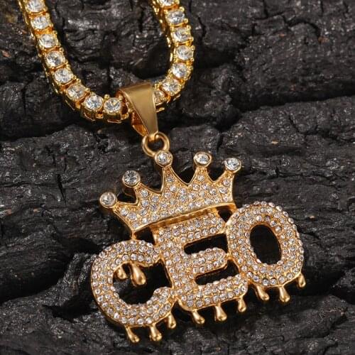 Hip Hop CZ Zircon Paved Bling Iced Out Gold Color Stainless Steel Crown CEO Letter Pendants Necklace for Men Rapper Jewelry