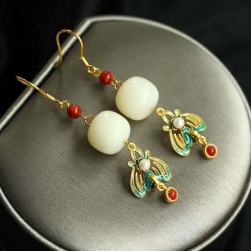Natural Hetian jade long earrings Chinese ancient style enamel porcelain light luxury ethnic womens Christmas gift