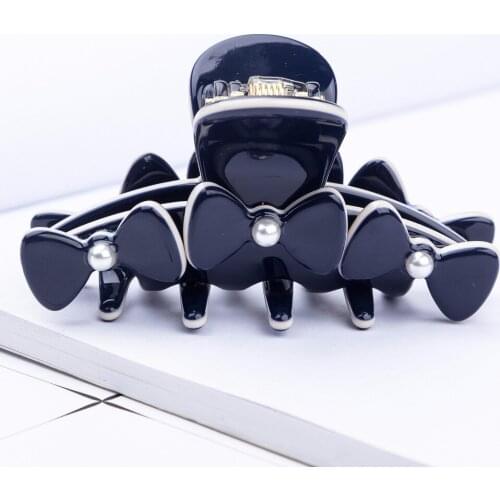 7cm Medium Bowknot Hair Claw Korean Lovely Headwear for Fine Hair Pearl Beads Acetate Hair Accessories