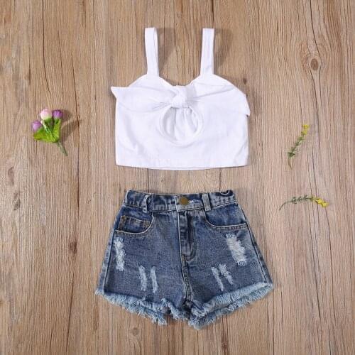 2Pcs Little Girls Summer Outfit Toddlers Solid Hollow Knotted Sleeveless Suspender Vest Tops+Rough Selvedge Ripped Denim Shorts