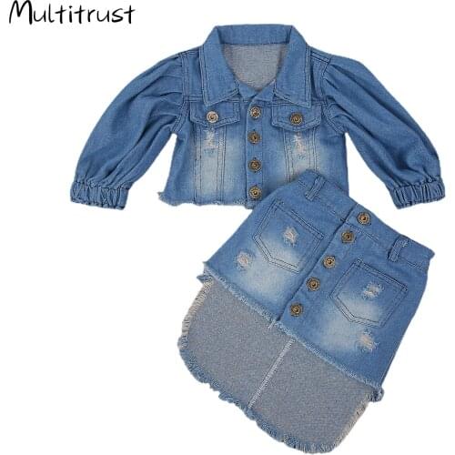 2020 Fashion Infant Baby Girls Clothes Sets Denim Blue Long Puff Sleeve Single Breasted Jacket Tops+Pencil Skirts 2pcs 1-6Y