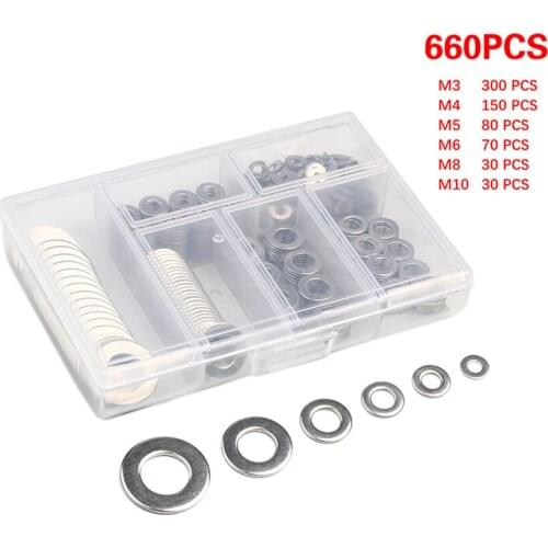 660Pcs Plain Washer Kit M3 M4 M5 M6 M8 M10 Stainless Steel Washer Screw Fastener Hardware Sump Plug General Repair Seal Ring Set