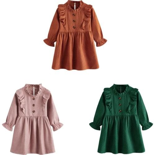 Citgeett Autumn Solid Kids Girls Dress Ruffles Long Sleeve Polka Dot Printed A-Line Dress Spring Clothes