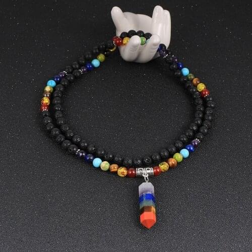 Reiki 7 Chakra Bullet Hexagonal Pendant Necklace For Men Women 108pcs 6mm Natural Stone Beaded Long Necklaces Buddhist Rosary