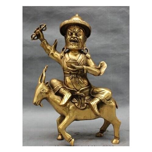 Shitou 001555 8" Tibet Brass Buddhist Vajrapani Mahakala Buddha Ride Sheep Statue Sculpture