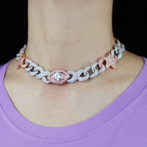 Heavy wide band infinity charm cuban chain with two tone plated star eye shape pendant Necklace For Women Men hip hop jewelry