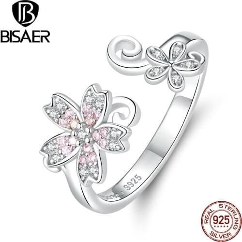 Cherry Flowers Rings BISAER 925 Sterling Silver Pink Sakura Cherry Finger Rings for Women Sterling Silver Jewelry anel EFR086
