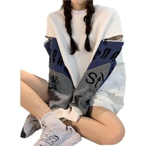 Fahshion Design Women White Sweatshirts Women Zipper Sleeve Gray Sweatshirt Femme Long Sleeve Pullovers Tops