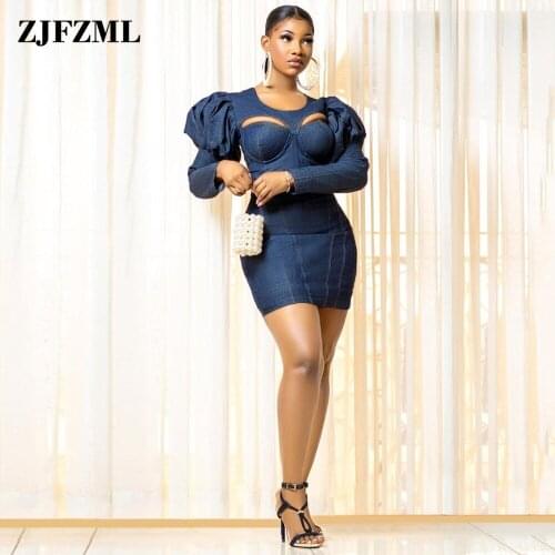 Vintage Style Womens Bodycon Denim Dresses Fashion O-neck Long Puff Sleeve Sheath Dress Early Autumn Cut Out Package Hip Robe
