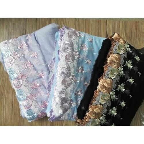 1Yard Exquisite Mesh Fabric Embroidered Lace Trims Purple Blue Black Rose Flowers DIY Decorative Accessories Fabric 21cm Width