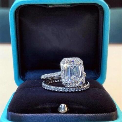 2pcs/set Elegant Silver Color Rhinestone Crystal Ring Set For Women Wedding Engagement Big Square Zircon Finger Rings Jewelry