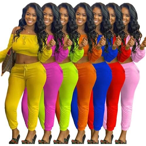 34AL112 Autumn Women Casual Two Piece Set Top and Solid Full Strapless Full Length Pants Tracksuit Sweatsuit Outfits