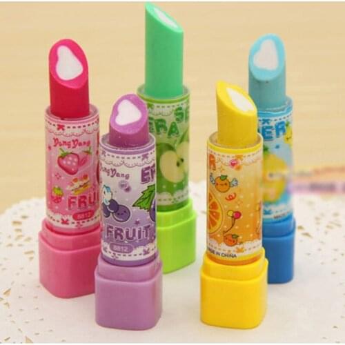 5pcs Lipstick Rotary Rubber Eraser Kawaii Stationery Student Prize Children Gift Office School Supplies Random Color