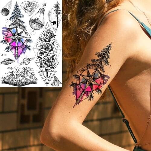 DIY Watercolor Compass Pine Tree Temporary Tattoos Geometric Rose Fake Tattoo Temporary Women Body Art Men Custom Tattoo Big Arm