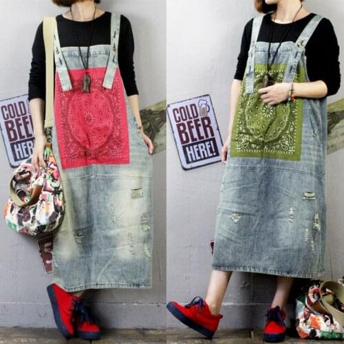 Free Shipping 2019 New Fashion Loose A-line Denim Sleeveless Dresses Women Long Mid-calf Plus Size Vintage Dresses With Holes