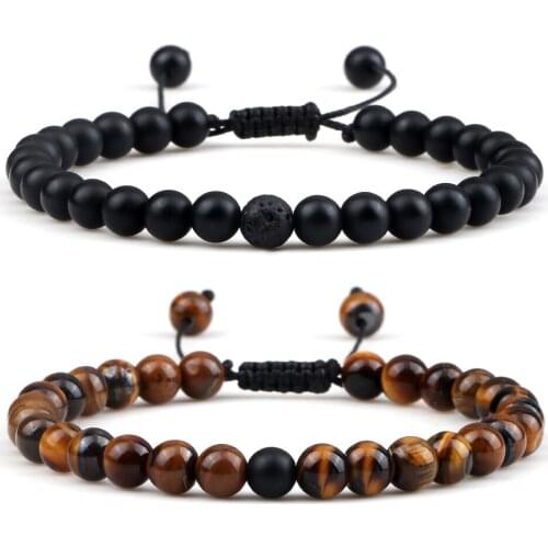 Natural Weathered Stone Bracelet Black Lava Matte Tiger Eye Beads Bracelets Handmade Bangles Men Women Gift Yoga Prayer Jewelry