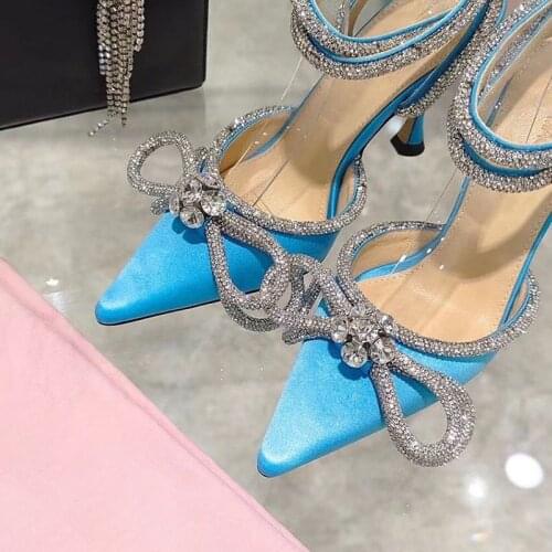 Designer Wedding Shoes Woman 2021 Pointed toe Crystal Hih Heel Shoes Ankle Buckle Strap Rhinestone Bowtie Sandal Sexy Party Pump