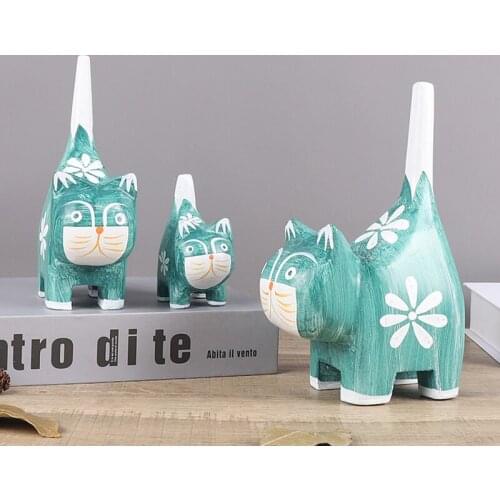 European American Country Style Hand Painted White Blue Colors Home Tabletop Shop Cabinet Decor Wooden Cats Figurines Set Of 3