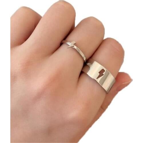 New Punk Fine Metal Opening 2 pcs Lightning Ring Set Gold Silver Color Couple Ring Accessories Fashion Womens Jewelry