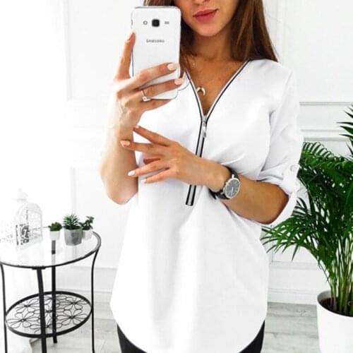 Summer Women Short Sleeve Shirts Sexy V Neck Solid Color Zipper Tops Casual Tee Shirts Female Loose Blouses Clothes Plus Size