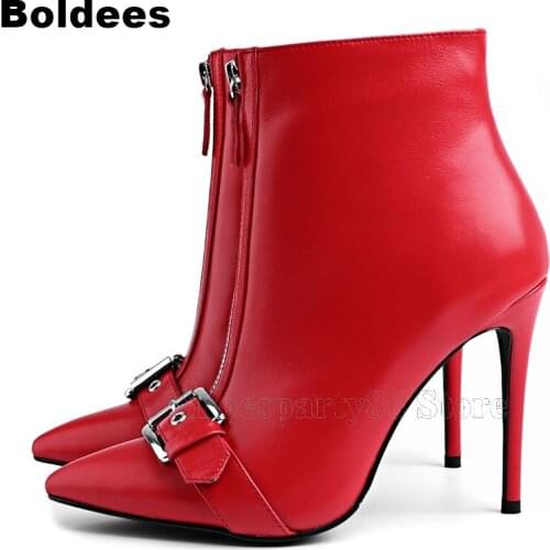 New Fashion Red Real Leather Thin High Heel Pointed Toe Buckle Zipper Designer Women Winter Boots
