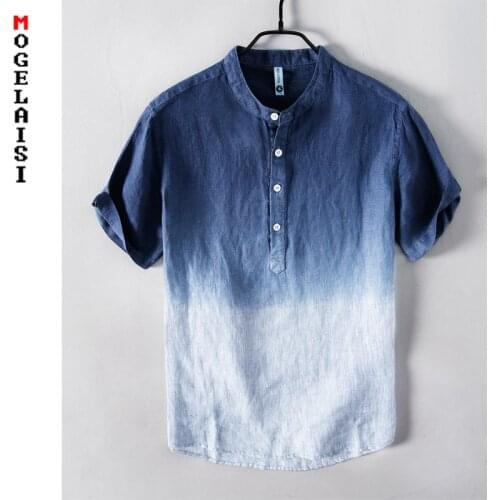 New flax shirt men summer 100% linen short sleeve fashion man tops High-quality breathable Gradient shirts for man clothing 881