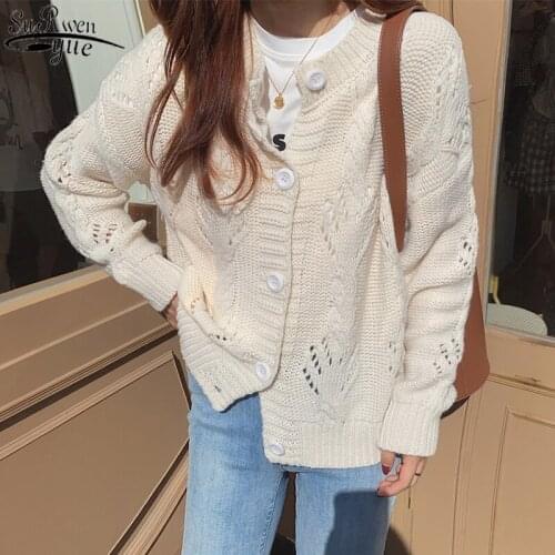 Early Autumn Sweet Hollow Out Sweaters Women Fashion Button Loose O-neck Twist Cardigan Solid Knitted Jumper Sweater Women 11631